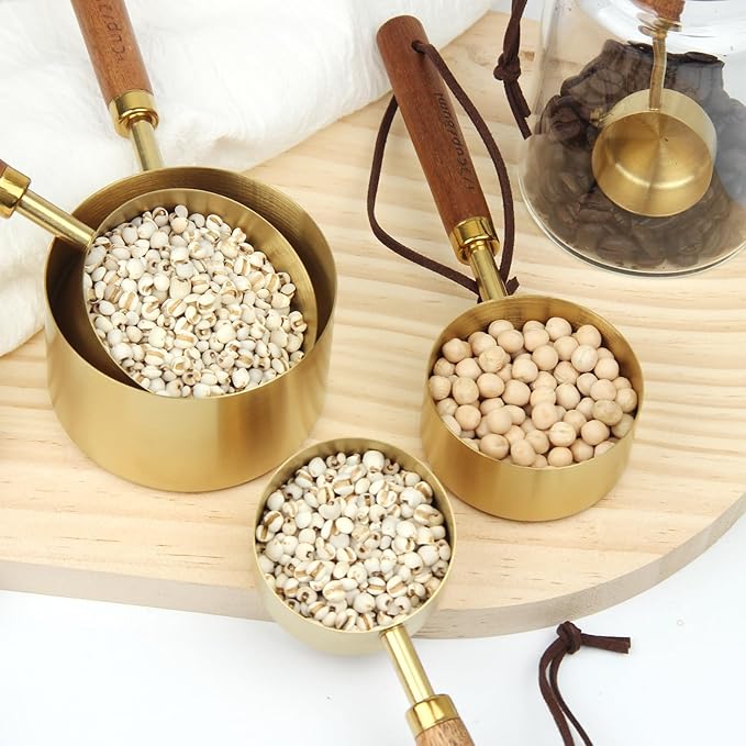 Gold Measuring Cup and Spoon Set - Stainless Steel Measuring Cups with Wooden Handles, 4 Measuring Cups and 4 Measuring Spoons, Suitable for Kitchen Baking and Cooking (8 Pcs)