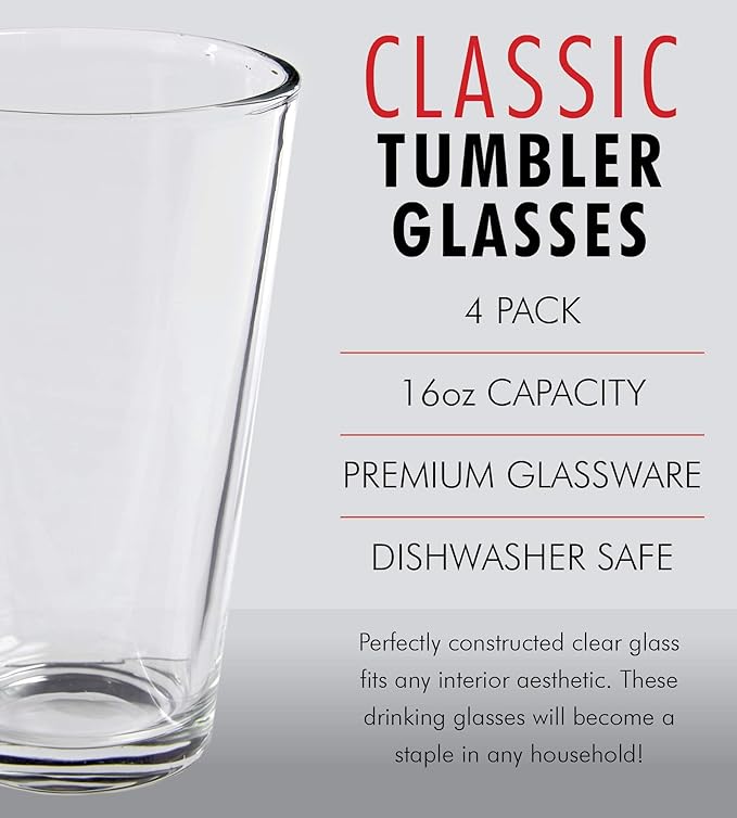 Pint Beer Glasses Set of 4 – 16 oz Tall Clear Drinking Glasses and All Purpose Tumblers – Heavy Base Cocktail, Water, Juice Glass – Pub Style Design For Home Dining, Bars, and Parties