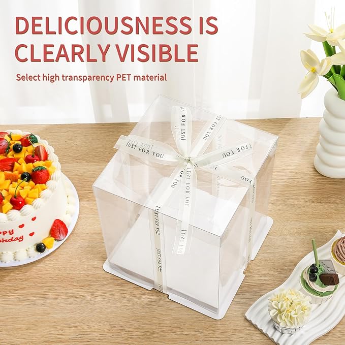 12x12x10inch 6Pcs Tall Cake Boxes Clear cake Box with Ribbon,Pre Folded Lid for 10" and 11" Inch Tall Layer Tiered Cakes and Bakery Display Birthday Wedding Party(Clear Lid, 12*12*10inch/6Pcs)