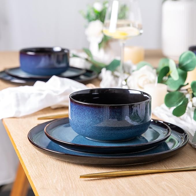 LERATIO Ceramic Dinnerware Sets for 8,Stoneware Plates and Bowls Sets,Reactive Glaze Dishes Set,Highly Chip and Crack Resistant | Dishwasher & Microwave & Oven Safe Dishes set,Service for 8-Blue(24pc)