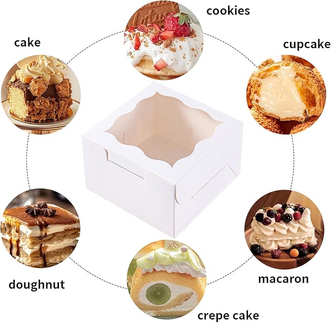 150pcs White Small Cake Box,4x4x2.5 Inch Bakery Boxes with Window,gift boxes bulk for Mini Cake Pastry Dessert Strawberries Chocolates Cupcakes with Stickers