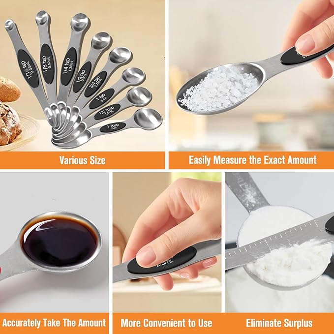 Magnetic Measuring Cups and Magnetic Measuring Spoons Set of 16, Heavy Duty 304 Stainless Steel Cups and Spoons (Black)