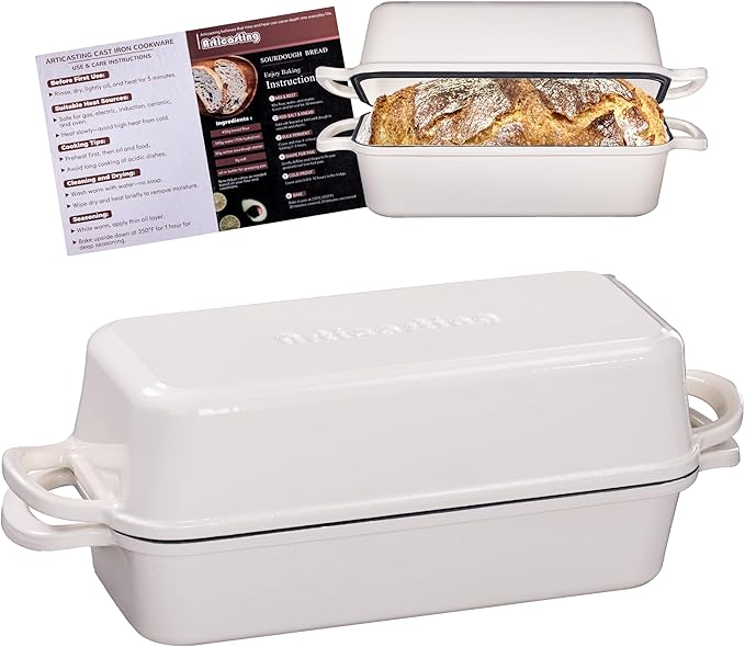 11x5 Inch Cast Iron Bread Loaf Pan With Lid, 5.8 Qt Large Loaf Pan for Sourdough Bread Baking, Heavy Duty Dutch Oven Bread Pan For a Crispy Crus (Cream White)