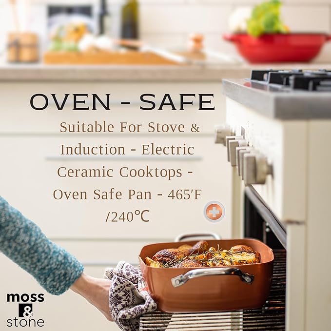 Moss & Stone 5 Pcs Copper Chef Cookware Non Stick Deep Frying Pan, Fry Basket, Steamer Rack, Dishwasher & Oven Safe, 5 Qt Deep Square Pan, Induction Copper Cookware Set - 9.5" x 3.5"