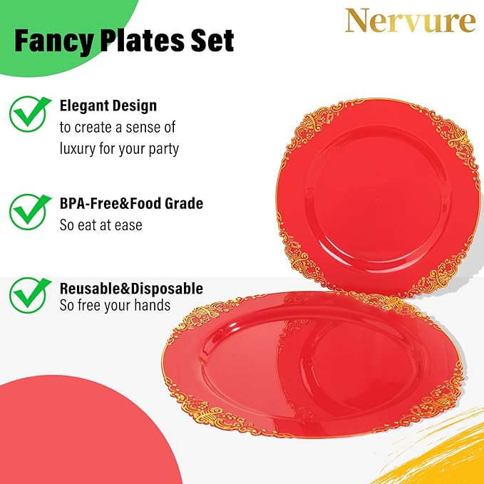 Nervure 350PCS Red Plastic Plates - Red Gold Plastic Dinnerware Sets for 50 Guests - 100 Gold Disposable Plates, 50 Pre Rolled Silverware Sets, 50 Cups Perfect for Wedding & Party & Christmas
