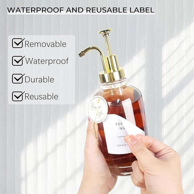 Coffee Syrup Dispenser for Coffee Bar, Set of 4 Simple Glass Syrup Bottle w. Labels and Coffee Scoop, 16.9 oz 500ml Coffee Syrup Pump Dispenser, Coffee Bar Accessory Syrup Dispenser w. Golden Pump
