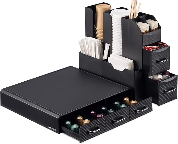 Navaris Coffee Capsule Holder and Organiser - Storage Box Coffee Accessories with 3 Compartment Drawers - Compatible with Most Standard Capsule Sizes - Black
