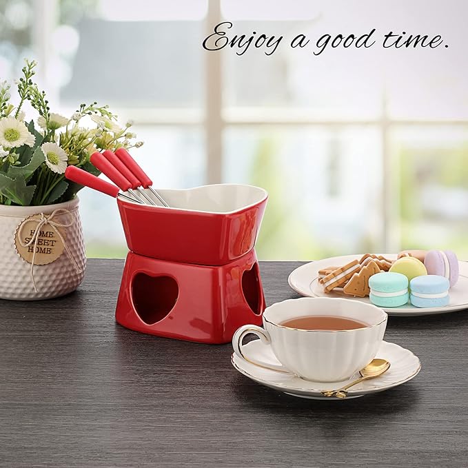 BSTKEY Red Ceramic Butter Warmer Set, Heart Shaped Fondue Pot Melting Pot Set, Melt Hot Pot Bowl Set for Cheese Chocolate Butter Caramel, with 4 Forks