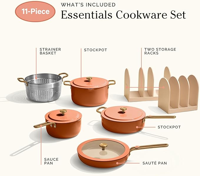 Our Place Essential Cookware Set – 11-Piece Ceramic Nonstick Set with 25cm Frypan, Saucepan, Saute Pan, Stock Pot, Storage Racks and Strainer with Thermakind™ | Oven Safe up to 230°C | Terracotta