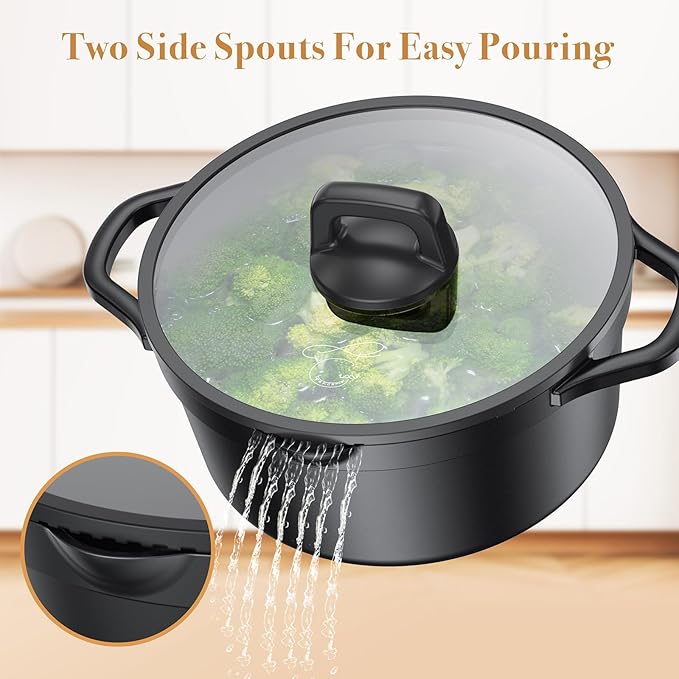 PekGema Nonstick Pots and Pans Set, Non Stick Cookware Set 14 Pcs, Induction Cooking Set with Pour Spouts and Oven Safe for Casserole, PFOA FREE, Classic Black
