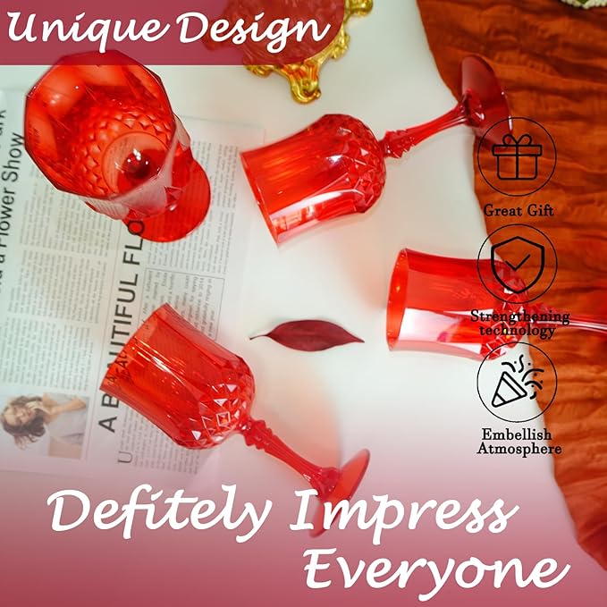 Plastic Wine Glasses,Plastic Goblets Vintage Style Cordial Drinking Glasses for Wedding Reception, Christmas Grand Event Party Supplies (24, Red)