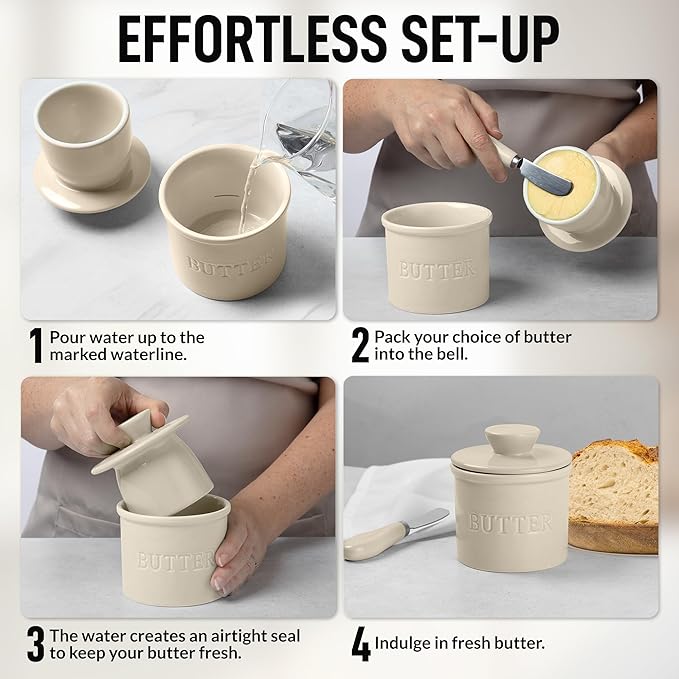 Zulay Kitchen Porcelain Butter Crock With Lid & Knife - Authentic French Butter Dish For Fresh & Spreadable Butter - Ivory