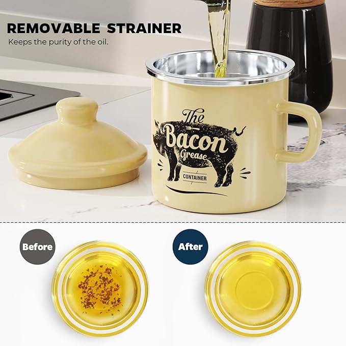 PGYARD Mini Bacon Grease Container With Strainer - 15OZ Enamel Grease Saver, Farmhouse Bacon Grease Keeper For Kitchen Fat Storage-Beige
