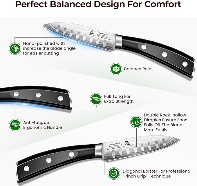 Paring Knife 3.75 Inch Fruit Knives, Small Kitchen Knife, Ultra Sharp German Stainless Steel Vegetable Knives, Damascus Pattern, Full Tang Handle Design, Elegant Black Ideal for Gift