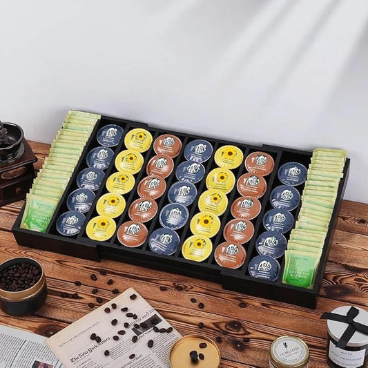 K Cup Holder Bamboo Coffee Pod Holder Drawer Organizer, Expandable K Cup Pod Storage Tea Bag Storage for Coffee Station Home Office and Kitchen (Black