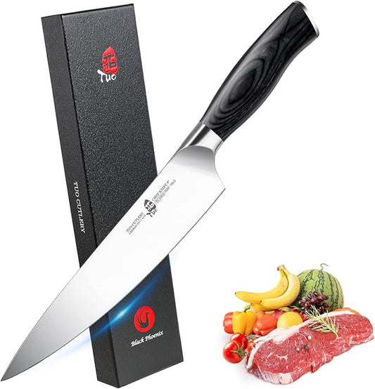 TUO Chef Knife - 8 inch Pro Kitchen Knife Asian Chef’s Knife Cooking Knife, High Carbon German Stainless Steel Ultra Sharp, Ergonomic Pakkawood Handle with Gift Box, Fiery Phoenix Series - Black