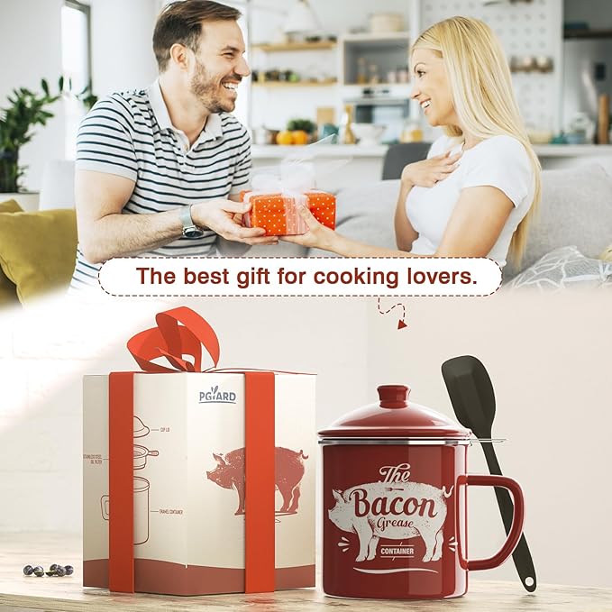 Bacon Grease Container With Strainer, 46OZ Large Enamel Grease Container, With Silicone Spatula, Farmhouse Bacon Grease Keeper, Cooking Oil Container For Kitchen Fat Storage, Dishwasher Safe-Red