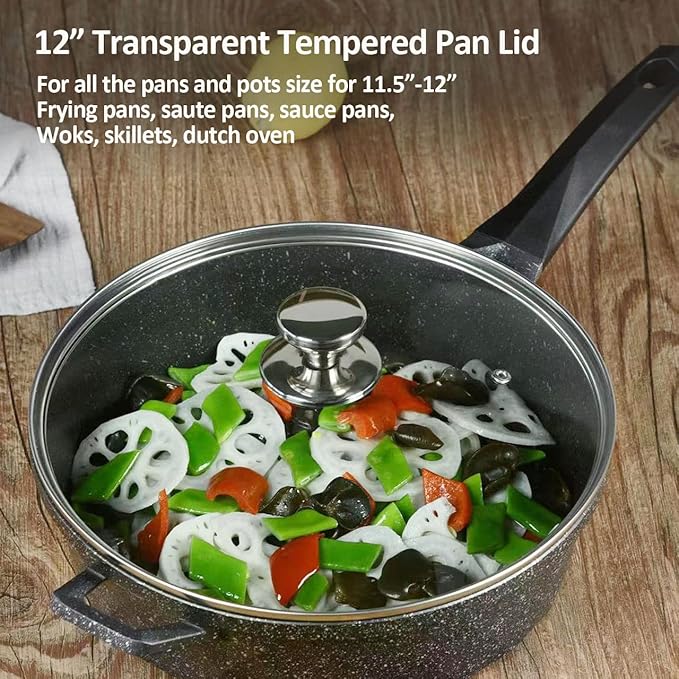 12" Glass Lid for Frying Pan, Tempered Replacement Cover Compatible with All 12 inches Cookware for Skillets, Round Cast Iron, Cast Aluminium, Stainless Steel Pans &Pots