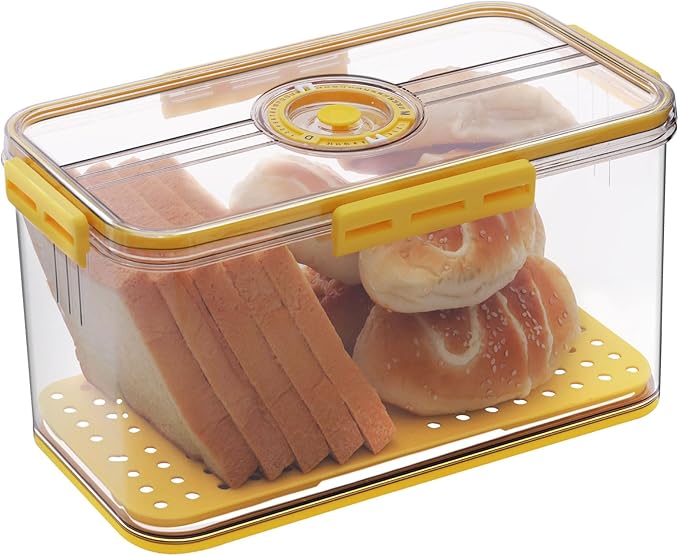 Bread Box Airtight Bread Boxes for Kitchen Counter, Time Recording Bread Storage Container with Lid, Bread Holder for Homemade Bread, Toast, Bagel, Donut and Cookies, Yellow