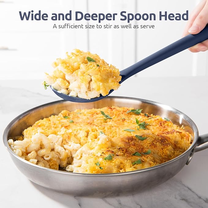 600ºF Heat Resistant Silicone Spoons: U-Taste 13.3in Solid & Slotted Kitchen Cooking Spoon, Nonstick Long Rubber Utensil, Sturdy for Mixing, Serving, Stirring, Draining (Midnight Blue, 2PCS)