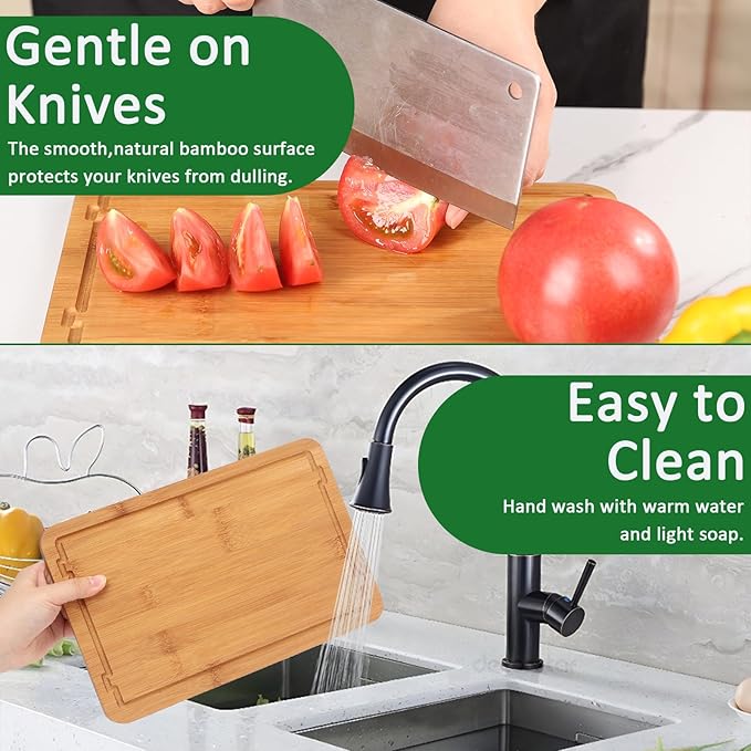 Bamboo Cutting Boards for Kitchen Meal Prep & Serving Set of 3, Wooden Chopping Boards with Juice Grooves & Handles for Meat, Vegetables Easy Clean Ideal Kitchen Gift for Home Cooks & Wedding