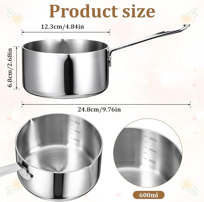 Stainless Steel Butter Warmer Measuring Pan 20 OZ Small Sauce Pan 18/10 Tri-Ply Stainless Steel Saucepan with Dual Pour Spouts, 0.63 Quart