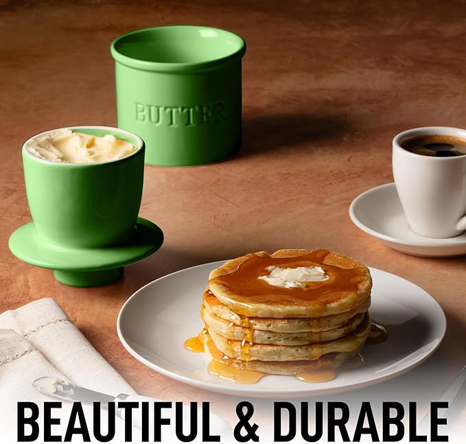 Zulay Kitchen Porcelain Butter Crock With Lid & Knife - Authentic French Butter Dish For Fresh & Spreadable Butter - Green
