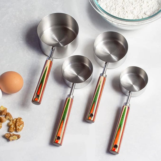 Totally Bamboo Baltique Marrakesh Collection 4-Piece Measuring Cup Set, Stainless Steel Measuring Cups with Wooden Handles for Cooking and Baking