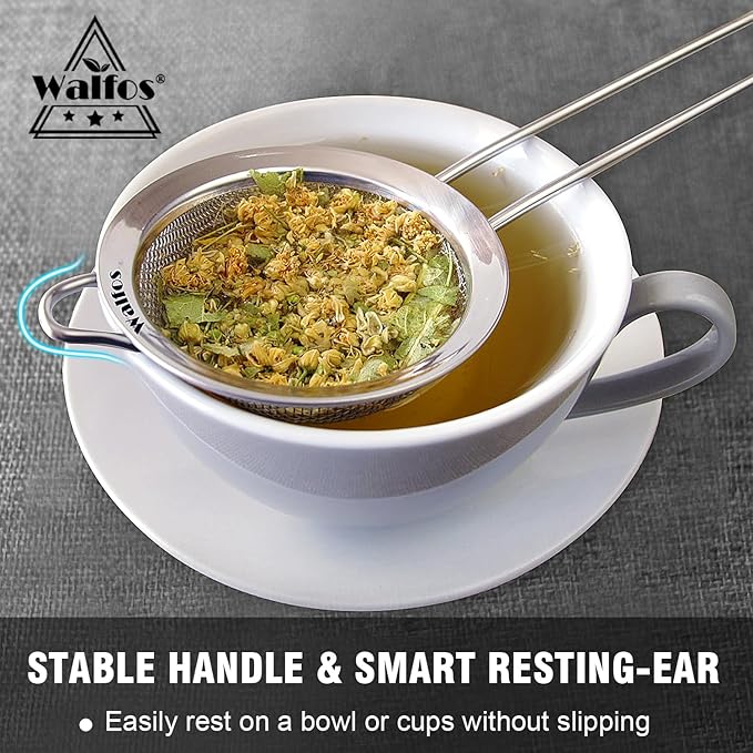 Walfos Small Fine Mesh Tea Strainer, Mini Stainless Steel Sieve with Handle, 2.7 Inch Kitchen Metal Sifter Strainers for Tea, Juicing, Coffee, Cocktail, Powdered Sugar, Matcha (2 Pack)