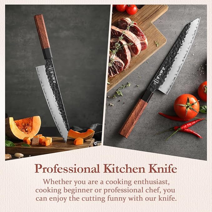 HEZHEN Kiritsuke Knife,9.5 Inches,3 Layers High Carbon Clad Steel Japanese Knife, Composite Forging Steel, Professionl Professional Japanese Kitchen Knife, Redwood Octagonal Handle