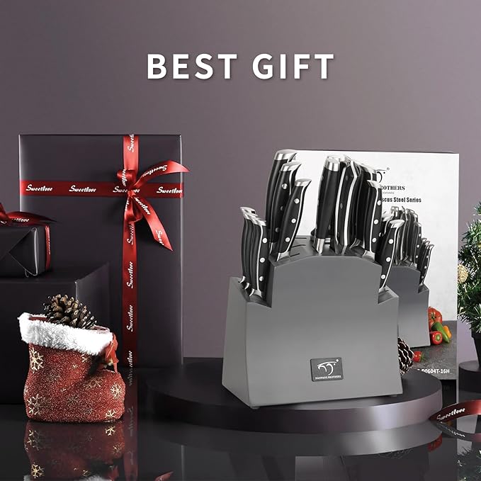 16-Piece Damascus Knife Set with Block - VG10 67-Layer Steel, Razor Sharp, Triple-Rivet Handles, 6 Steak Knives, Meat Fork, Sharpener & Scissors, Gray