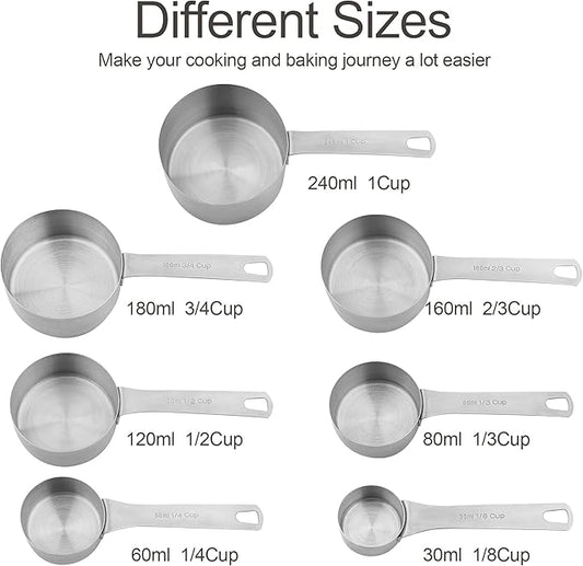 Measuring Cups and Spoons Set, 18/8 Stainless Steel 7 Measuring Cups and 8 Measuring Spoons with Leveler, Kitchen Measure Cups Spoons, Heavy Duty Baking Measurement Cups Spoons Set