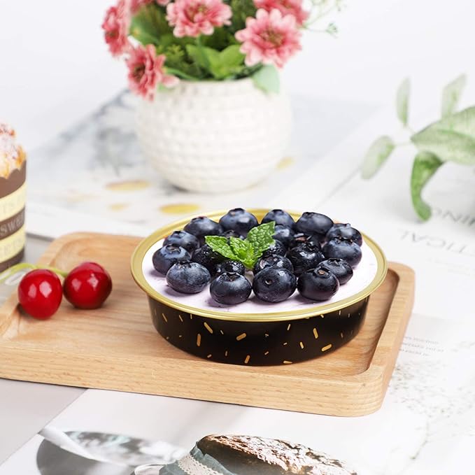 Beasea Mini Aluminum Pie Pans, 50 Pack with Lids, 8 Oz Black Gold Cartoon Tart Pans for Pie, Tart, Quiche