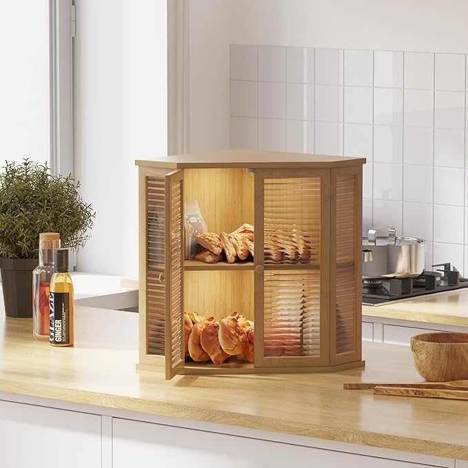 Corner bread box Bread Box for Kitchen Countertop - Corner Bread Storage Box 16.5" H, Premium Pine Wood with Glass Door, Perfect for Homemade Bread, Baguettes & Pastries (Natural)