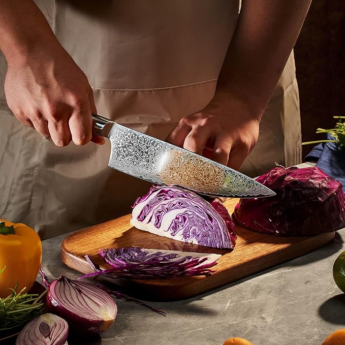 SENKEN 7-Piece Damascus Kitchen Knife Set - Dynasty Collection - 67-Layer Japanese VG10 Steel with Sycamore Wood Handles, Chef's Knife, Cleaver, Bread, Santoku, Boning, & More