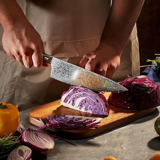 SENKEN 7-Piece Damascus Kitchen Knife Set - Dynasty Collection - 67-Layer Japanese VG10 Steel with Sycamore Wood Handles, Chef's Knife, Cleaver, Bread, Santoku, Boning, & More