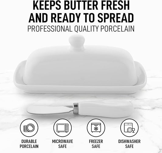 Zulay Butter Dish With Lid For Countertop - Porcelain White, Ceramic Butter Dish with Knob Handle Great for Cooking - Elegant Design Butter Holder - Durable & Sturdy Butter Keeper - White