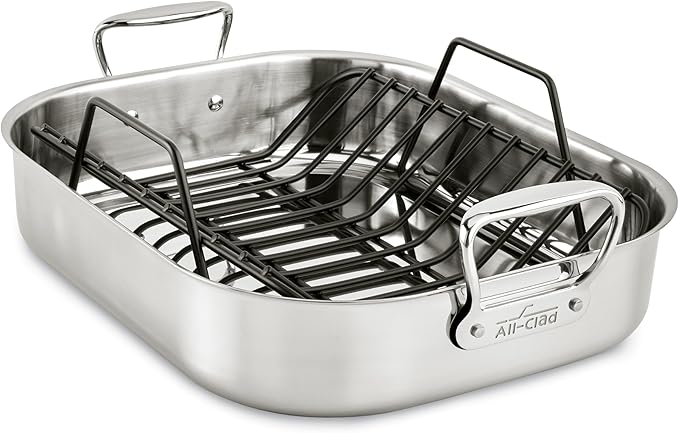 All-Clad Specialty Stainless Steel Roaster and Nonstick Rack 16x13x5 Inch Oven Broiler Safe 600F Roaster Pan, Pots and Pans, Bakeware, Turkey, Silver