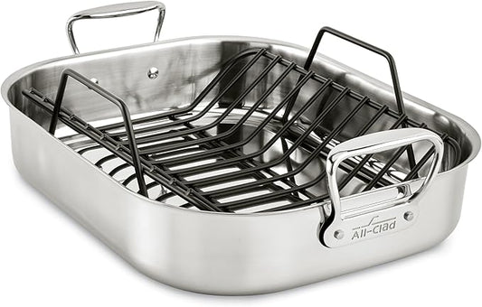 All-Clad Specialty Stainless Steel Roaster and Nonstick Rack 16x13x5 Inch Oven Broiler Safe 600F Roaster Pan, Pots and Pans, Bakeware, Turkey, Silver