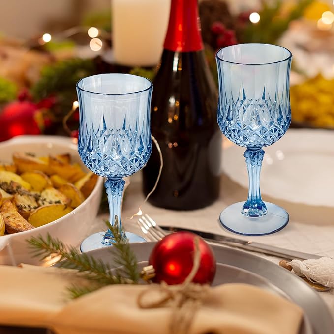 12 Pcs 7 Oz Plastic Goblets for Parties, Blue Plastic Wine Glasses Vintage Champagne Whiskey Crystal Water Goblets for Home, Office, Bars, Wedding, Ribbed (12, Ocean Blue)