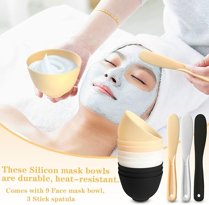 12Pcs Silicone Facial Mask Bowl DIY Face Mask Mixing Bowl for Home Salon Spa Face Skin Applicator Bowl with Stir Sticks, Black,White,Yellow