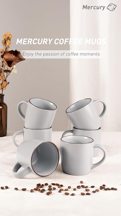 famiware Mercury Coffee Mugs 13 oz, Coffee Mugs Set of 6 with Handle, Cups for Latte, Hot Tea, Cappuccino, Mocha, Cocoa, Light Grey