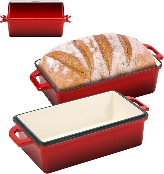 9x5 Inch Enameled Cast Iron Bread Loaf Pan with Lid, Perfect Sourdough Baking Pans | Even Heat Distribution for Homemade Bread, Cake, Meatloaf,2 Piece set,Red