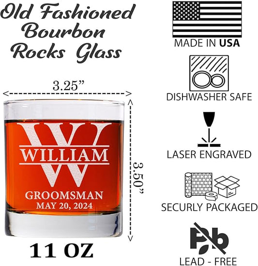 Single, Personalized Whiskey Glass For Groomsman Gifts, Best Man, Groom, 11oz Old Fashioned Custom Monogrammed Whiskey Glass