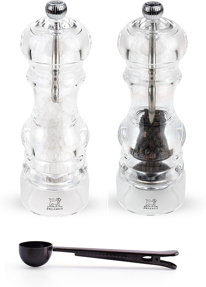Peugeot Nancy Inch Salt & Pepper Mill Gift Set, Acrylic - With Stainless Steel Spice Scoop/Bag Clip (7 Inch)