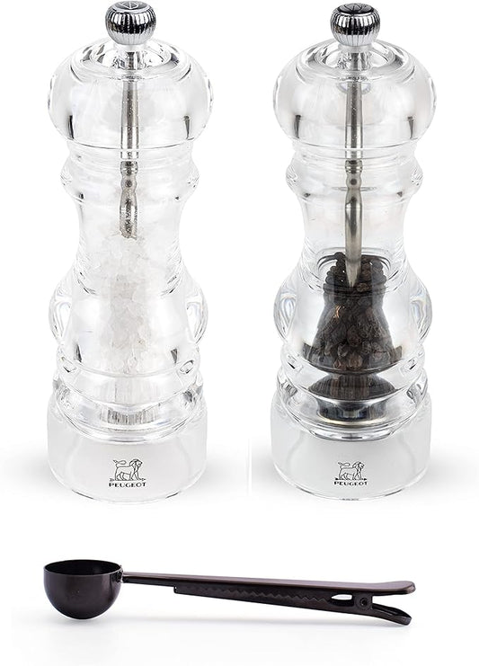 Peugeot Nancy Inch Salt & Pepper Mill Gift Set, Acrylic - With Stainless Steel Spice Scoop/Bag Clip (7 Inch)
