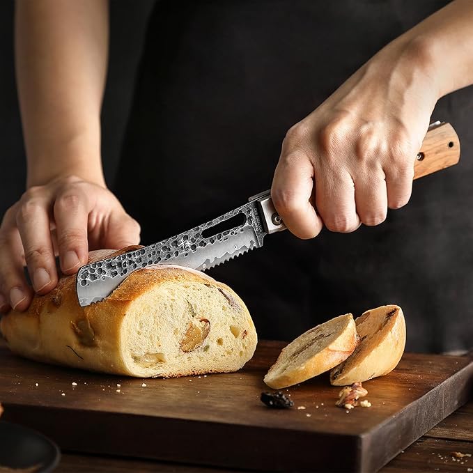 SENBON Forged 440A Stainless Steel pocket folding Bread knife Natural Olive Handle Camping trip Outdoor Portable Serrated knife