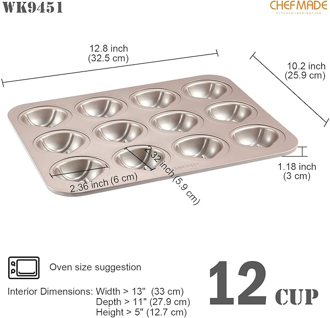 CHEFMADE Muffin Cake pan, 12-Cavity Non-Stick Chestnut-Shaped Bakeware for Oven Baking (Champagne Gold)