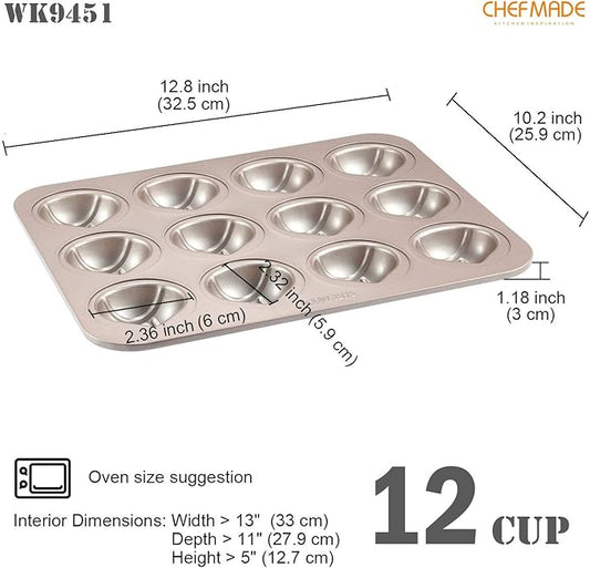 CHEFMADE Muffin Cake pan, 12-Cavity Non-Stick Chestnut-Shaped Bakeware for Oven Baking (Champagne Gold)