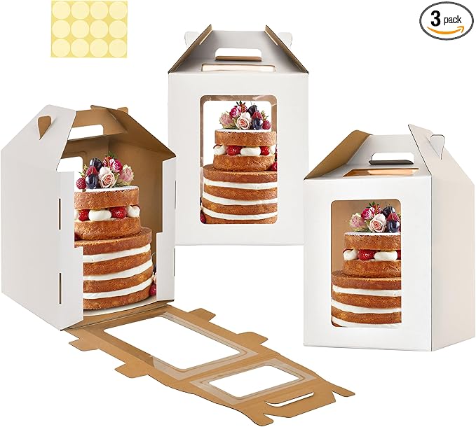 XININSUN 3Pack Tall Cake Boxes for Tier Cakes with 4 windows 10x10x12Inch cake transport container,Bakery Take Out Transport Containers Tall Cake Carrier with Handle for Wedding, Birthday, Party